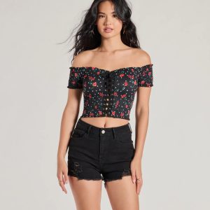 Sweet Like Cherries Lace-Up Off-The-Shoulder Top