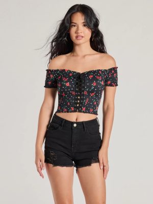 Sweet Like Cherries Lace-Up Off-The-Shoulder Top