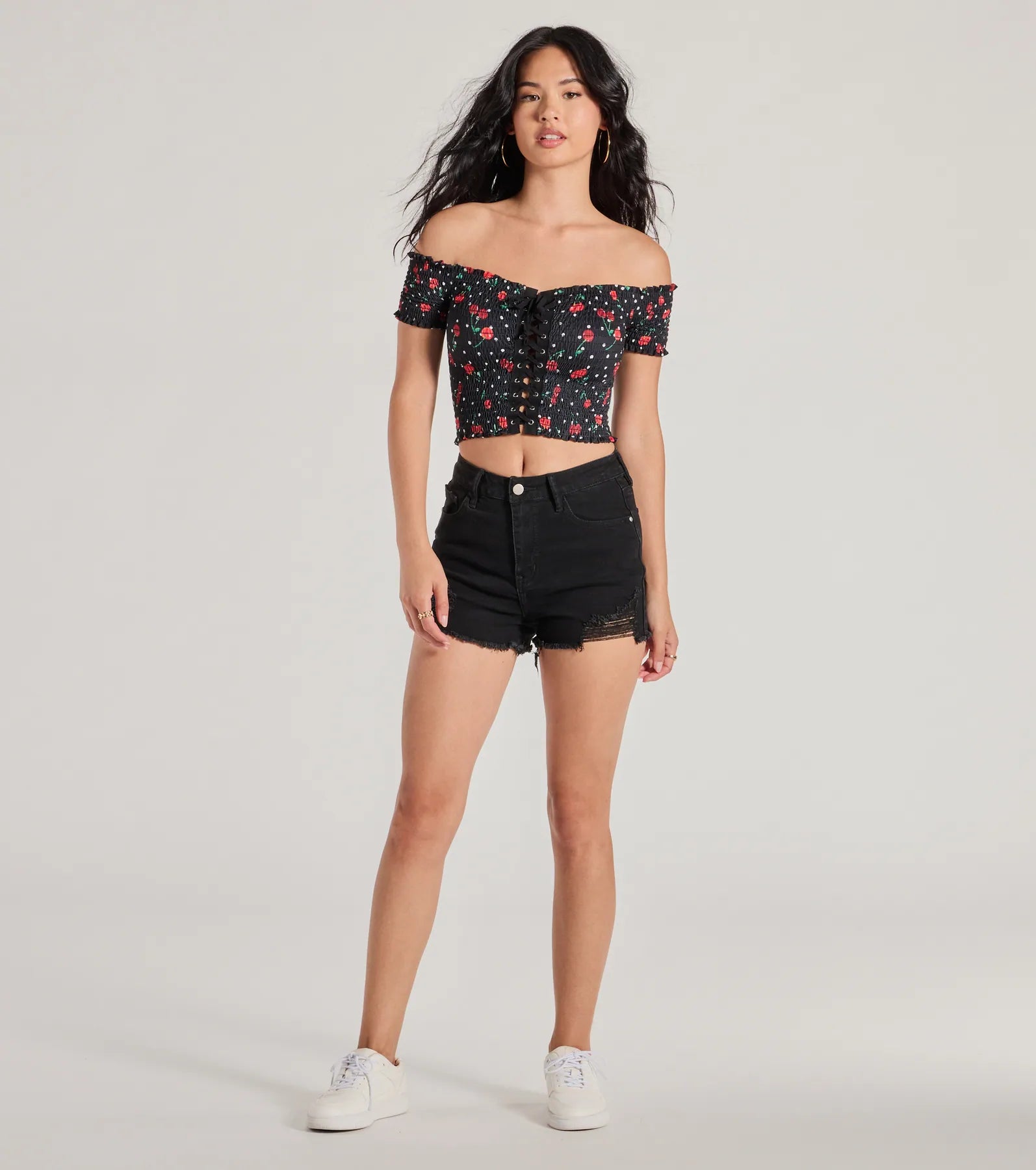 Sweet Like Cherries Lace-Up Off-The-Shoulder Top - Image 4