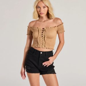 Sweet As You Off-The-Shoulder Lace-Up Crop Top
