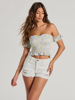 Sunny And Sweet Off-The-Shoulder Floral Crop Top