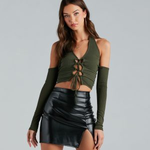 Cool Girl Ties Lace-Up Cold Shoulder Crop Top