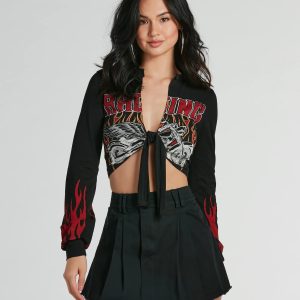 Flame Racer Tie-Front Graphic Crop Top
