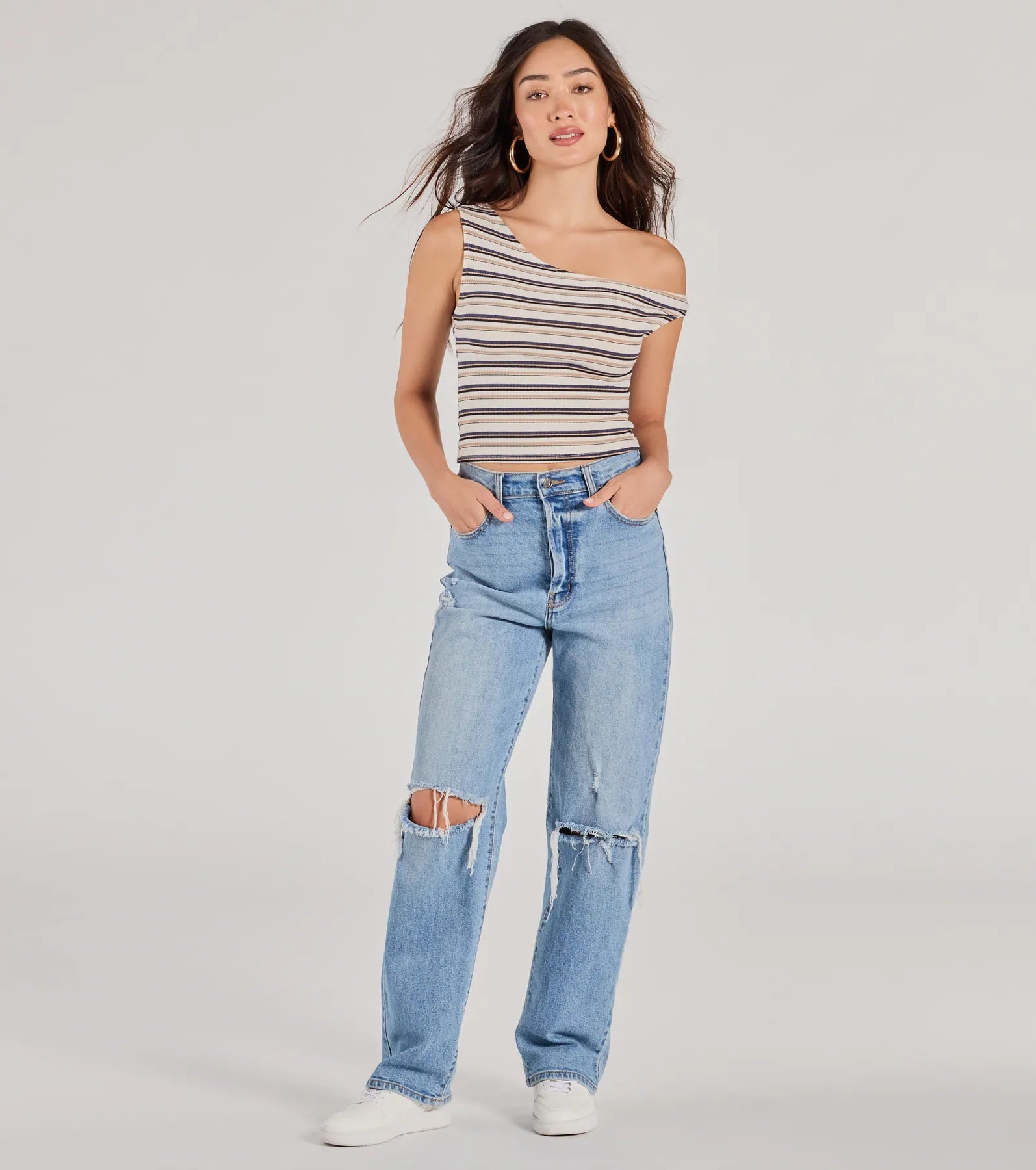 Trendy Twist One-Shoulder Striped Crop Top - Image 3