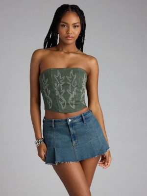 Glam Heat Rhinestone Flame Denim Corset Top