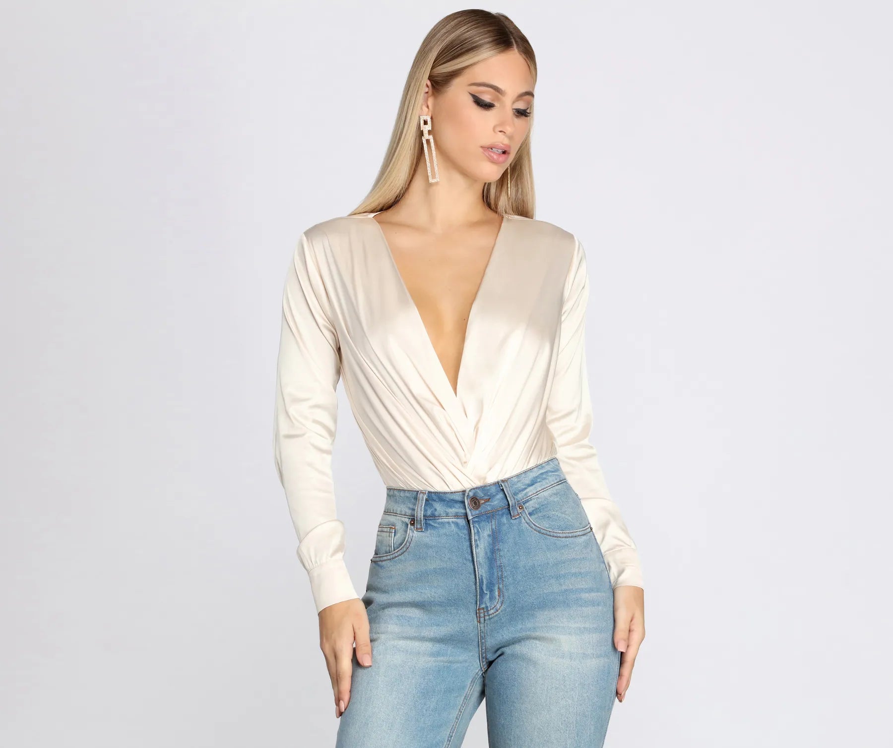 Sleek Satin Surplice Bodysuit - Image 4