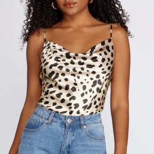 Leopard Print Cowl Neck Satin Top
