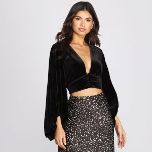 Balloon Sleeve Velvet Crop Top