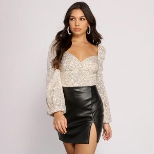 All that Glow Puff Sleeve Sequin Bodysuit