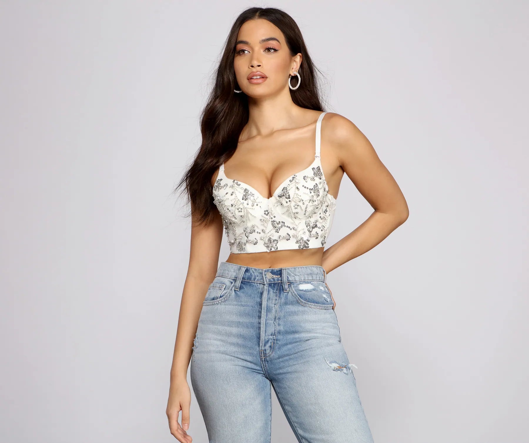 Glamorous Floral Sequin Cropped Bustier - Image 3