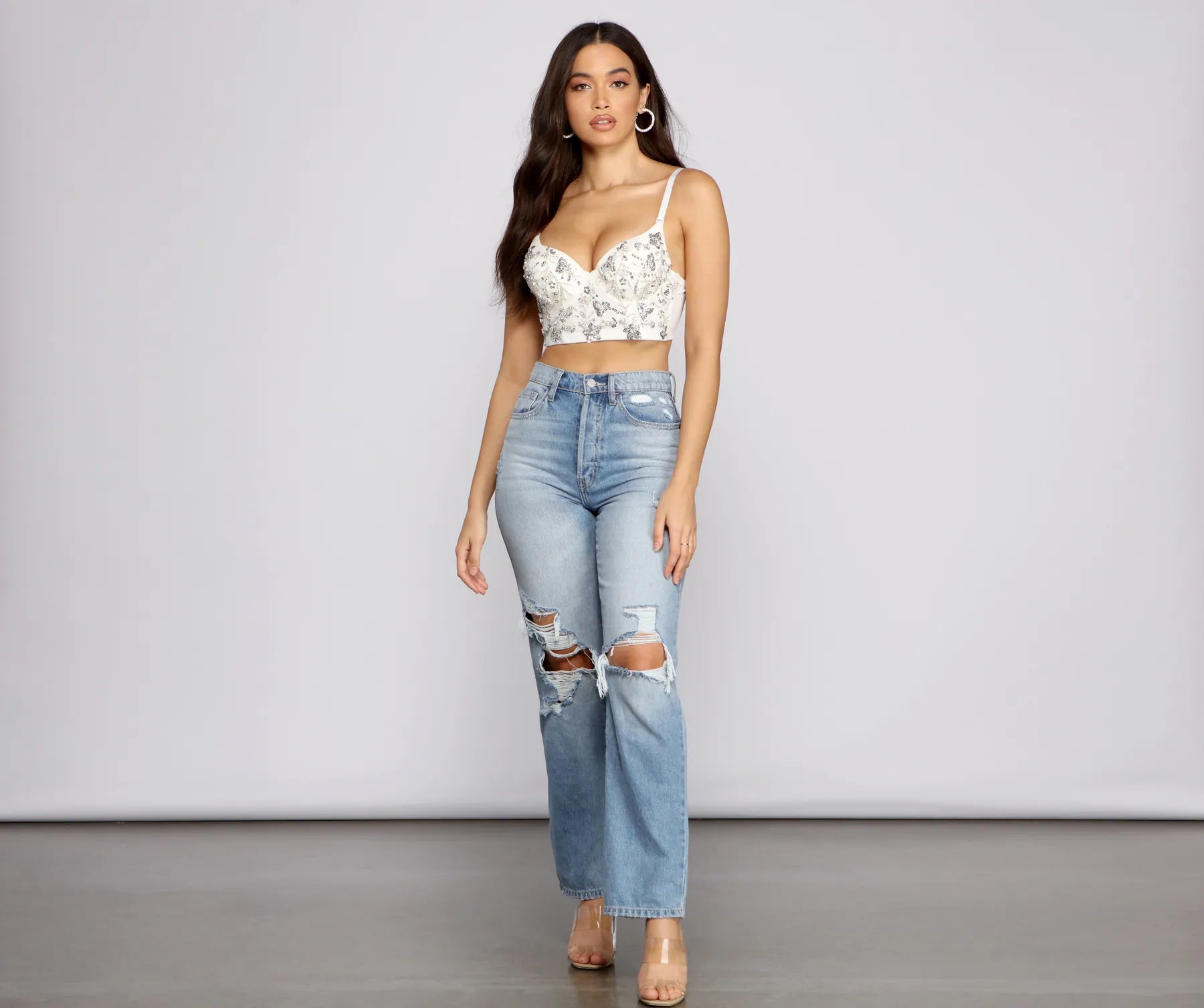 Glamorous Floral Sequin Cropped Bustier - Image 4