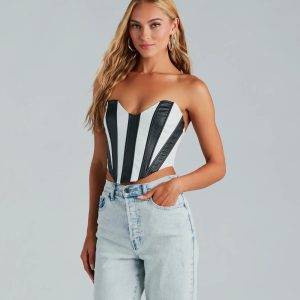 Major Diva Striped Faux Leather Corset Top