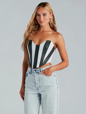 Major Diva Striped Faux Leather Corset Top