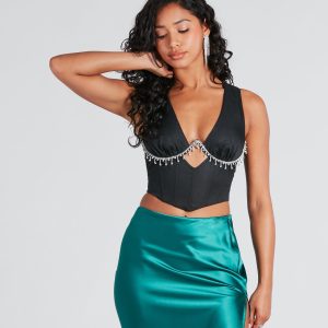 Look At Her Now Rhinestone Fringe Trim Crop Top