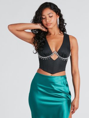 Look At Her Now Rhinestone Fringe Trim Crop Top