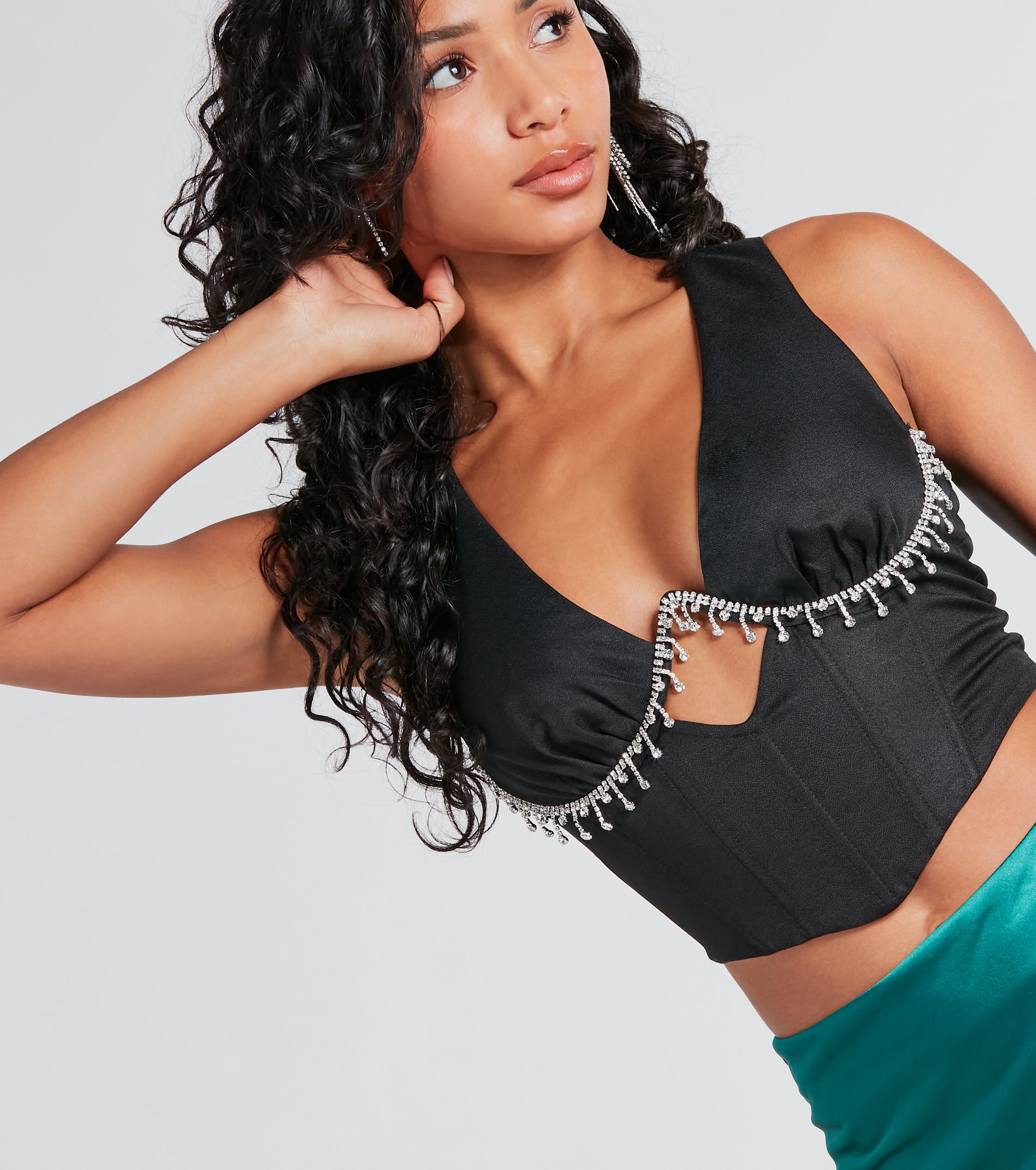 Look At Her Now Rhinestone Fringe Trim Crop Top - Image 2