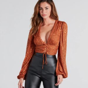 She's A Vision Sequin Lace-Up Crop Top