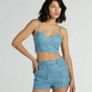 Feeling Flirty Sequin Glitter Denim Bustier Top