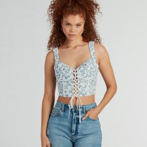 Simply Sweet Lace-Up Floral Woven Corset Top