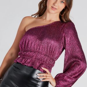 Luxurious Shimmer Metallic One-Shoulder Top