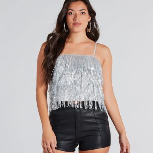 Spotlight Beauty Sequin Fringe Crop Top