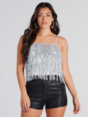 Spotlight Beauty Sequin Fringe Crop Top