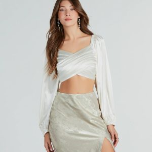 Effortlessly Fab Satin Long Sleeve Cropped Blouse