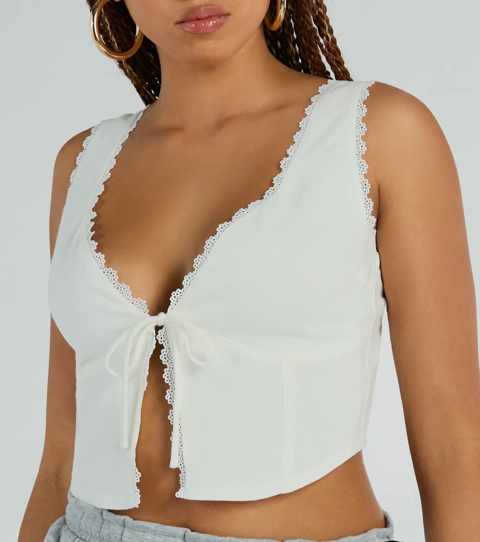 So Fresh Lace-Trim Linen Cropped Tank Top - Image 4