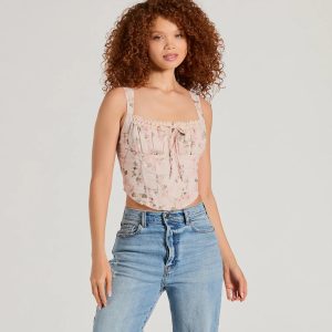 Romantic Look Lace Trim Floral Corset Top