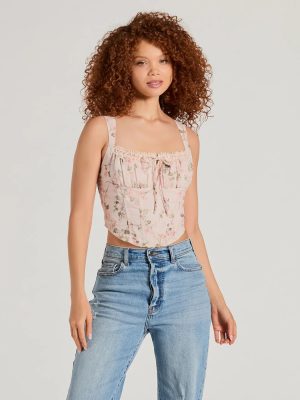 Romantic Look Lace Trim Floral Corset Top