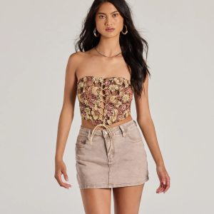 Adoring Taste Strapless Lace-Up Tapestry Crop Top