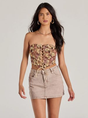 Adoring Taste Strapless Lace-Up Tapestry Crop Top