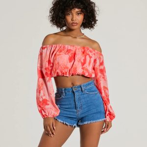 Sunset Beauty Off-The-Shoulder Marble Chiffon Crop Top