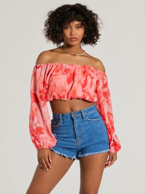 Sunset Beauty Off-The-Shoulder Marble Chiffon Crop Top
