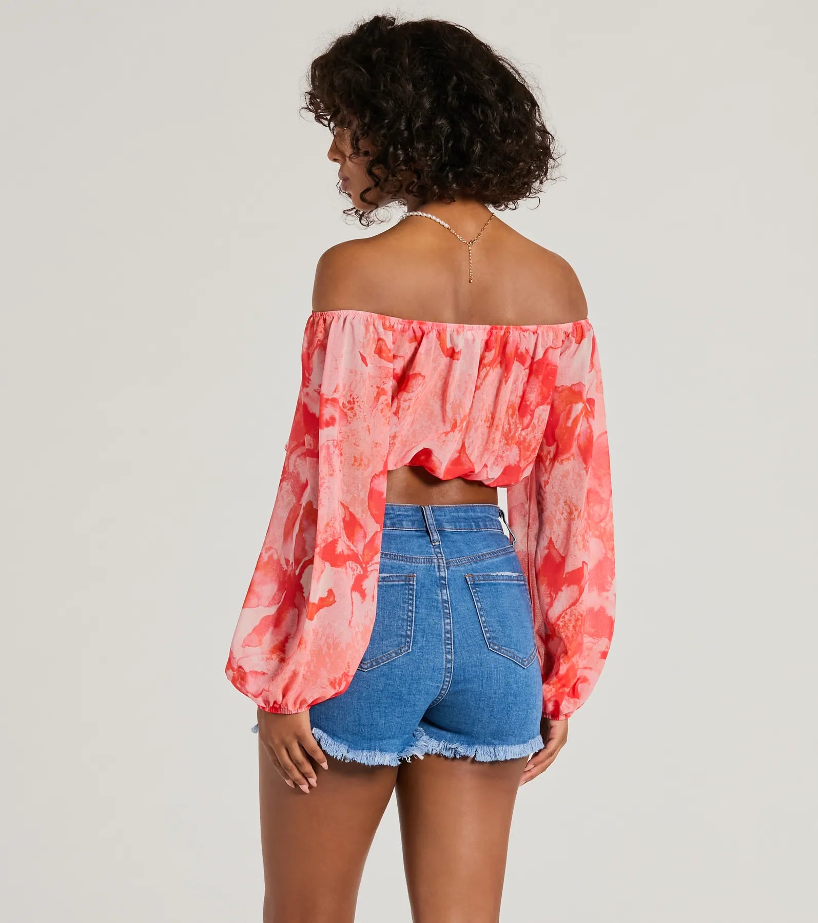 Sunset Beauty Off-The-Shoulder Marble Chiffon Crop Top - Image 2