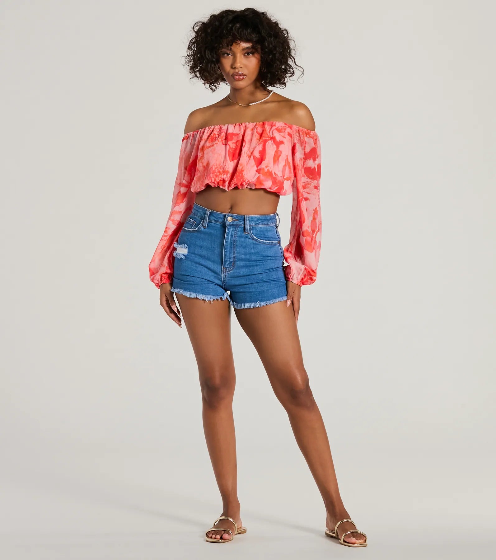 Sunset Beauty Off-The-Shoulder Marble Chiffon Crop Top - Image 3