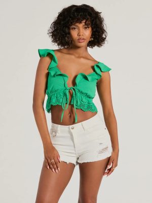Flirty Flutter Sleeve Tie-Front Eyelet Crop Top