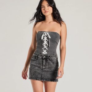 Impressed Much Strapless Lace-Up Denim Crop Top