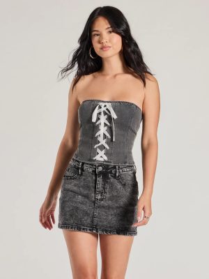 Impressed Much Strapless Lace-Up Denim Crop Top