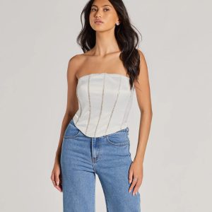 Glitz It Up Rhinestone Trim Satin Strapless Corset Top