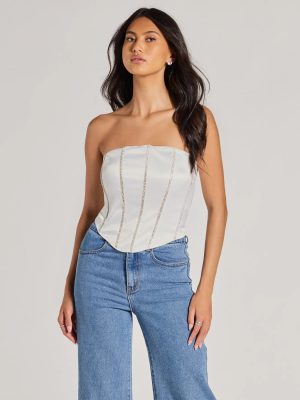 Glitz It Up Rhinestone Trim Satin Strapless Corset Top