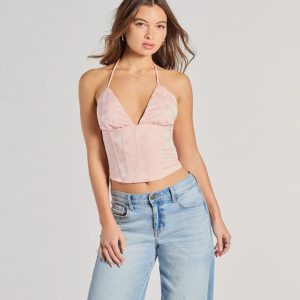 All The Feels Halter Lace-Up Floral Satin Corset Top