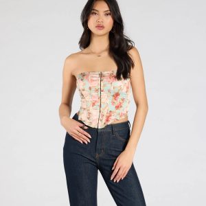 Floral Aesthetic Lace-Up Satin Corset Top