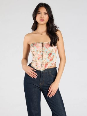 Floral Aesthetic Lace-Up Satin Corset Top