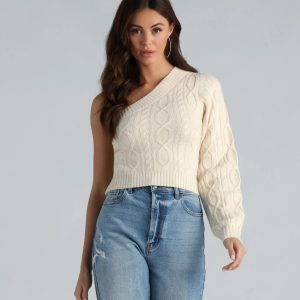 Better Half Cable Knit One Shoulder Sweater Top