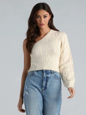 Better Half Cable Knit One Shoulder Sweater Top