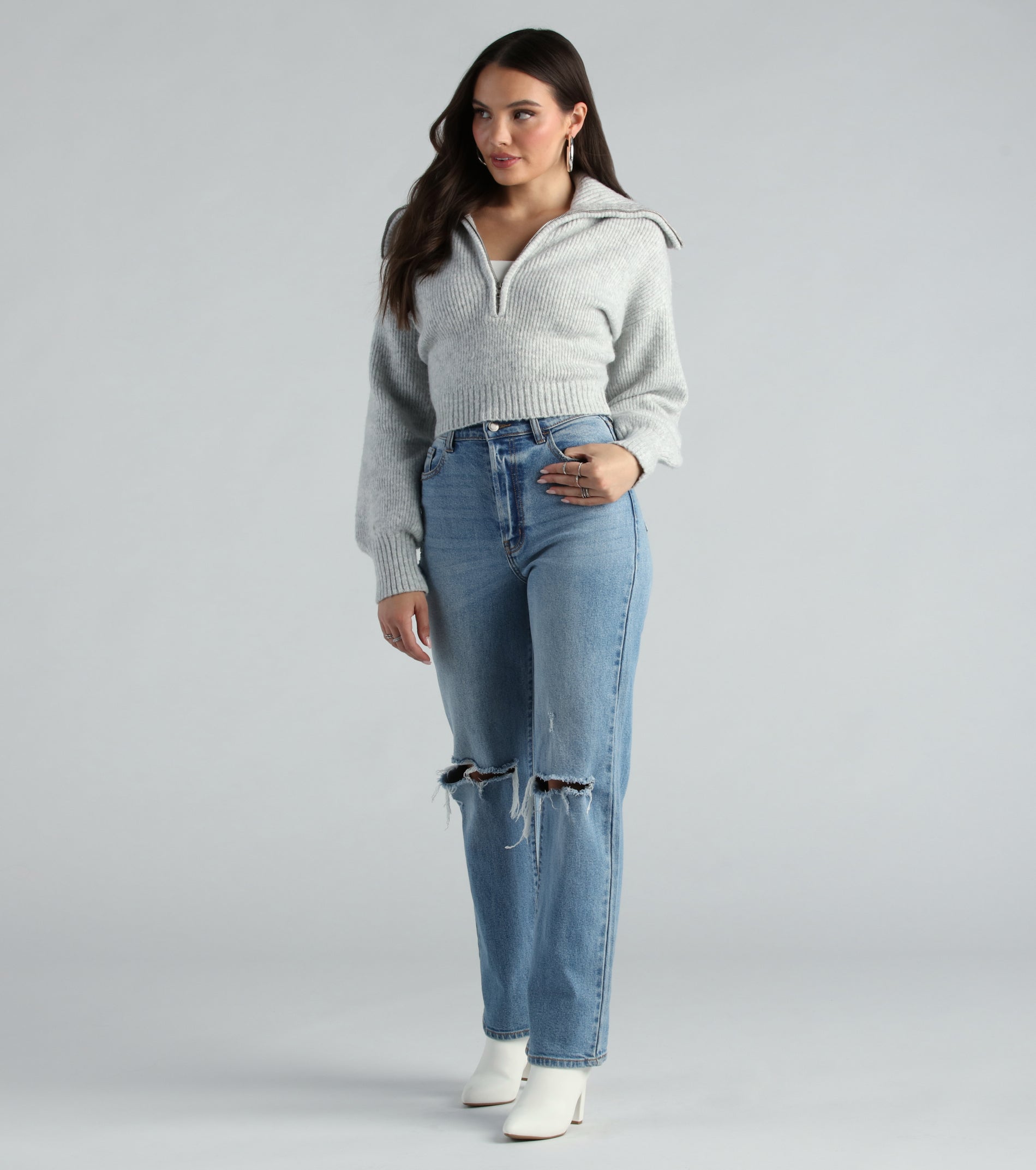 Give Me Cozy Half-Zip Fuzzy Knit Crop Sweater - Image 4