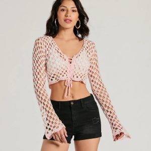 Total Trend Long Sleeve Checker Crochet Sweater