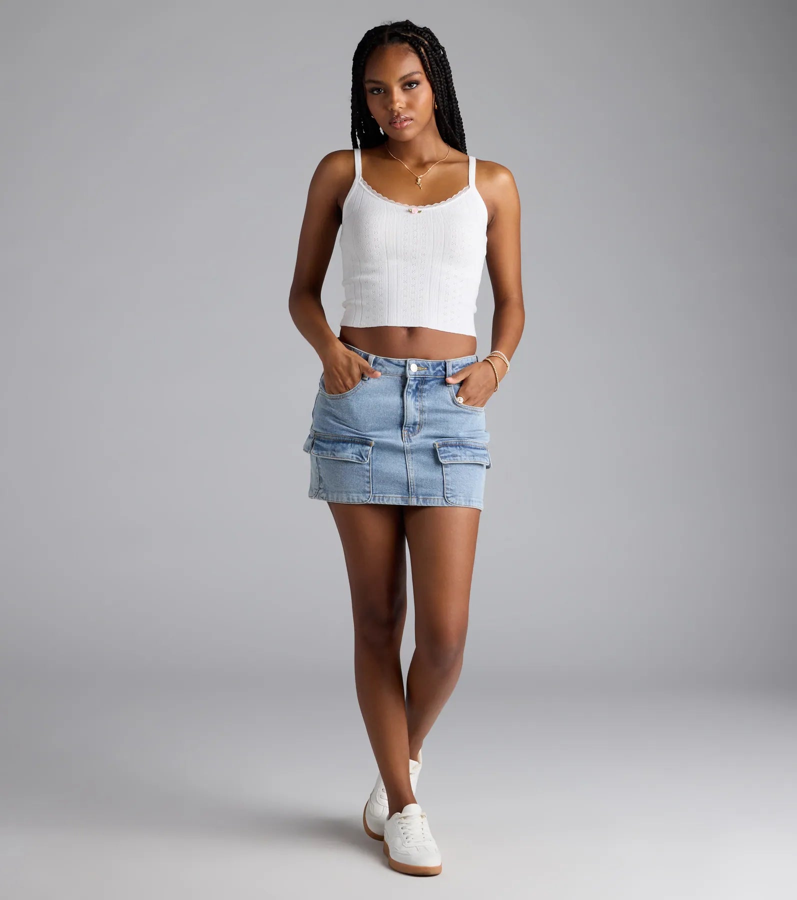 Cutesy Casual Rosette Lace Knit Cami Top - Image 3