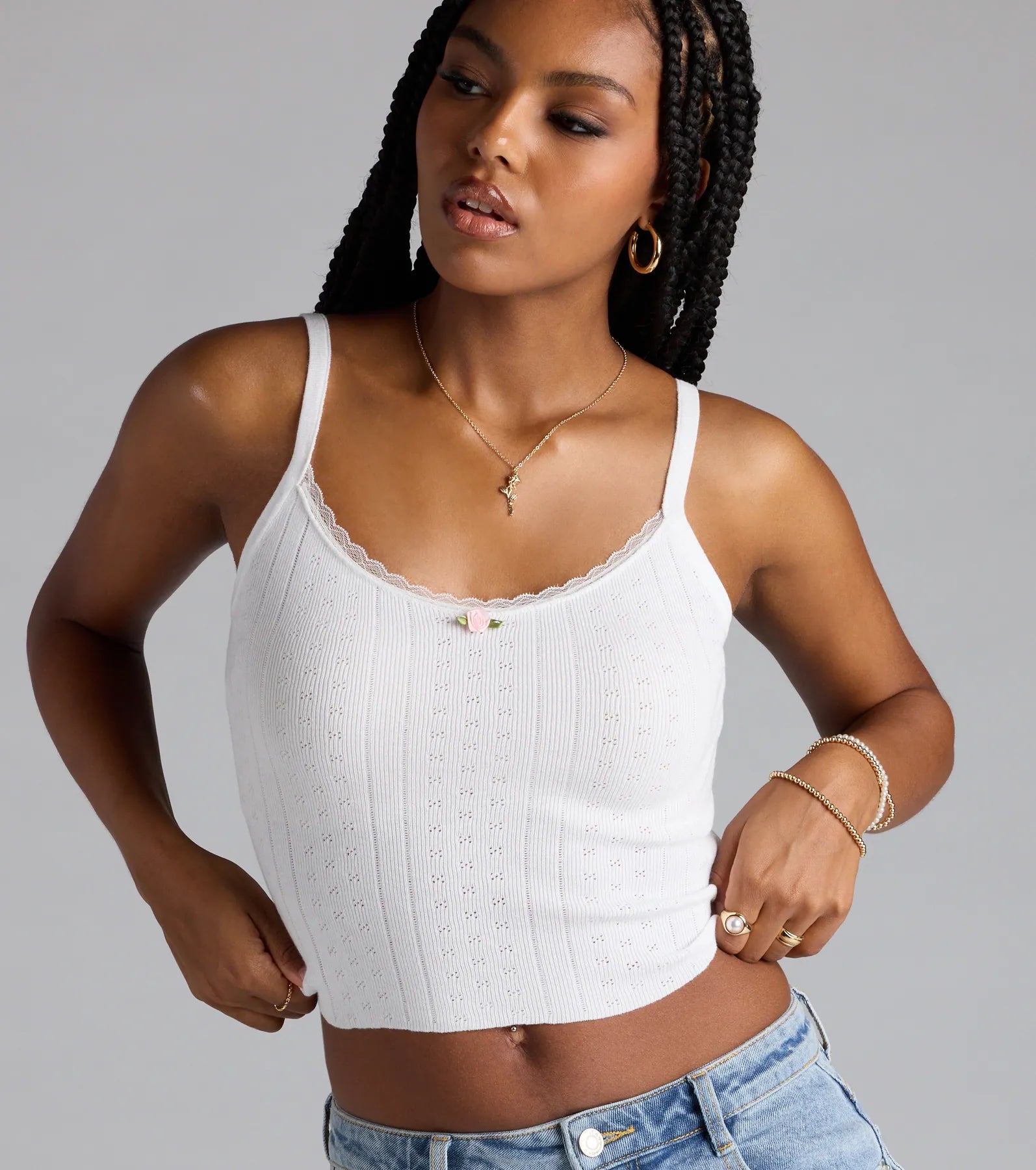 Cutesy Casual Rosette Lace Knit Cami Top - Image 4